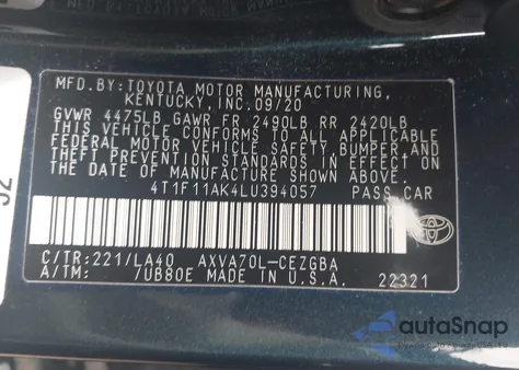 2020 Toyota Camry Xle z USA, uszkodzony, nr VIN 4T1F11AK4LU394057